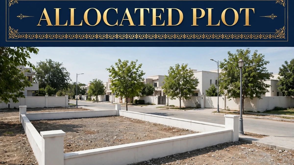 Demarcated allocated plot with boundary pillars on a developed housing society street in Pakistan