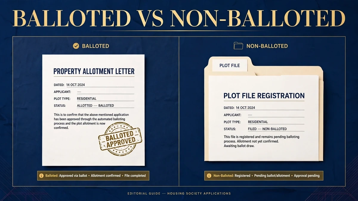 Balloted vs non-balloted plot files — comparison graphic of stamped allotment letter and plain file documents