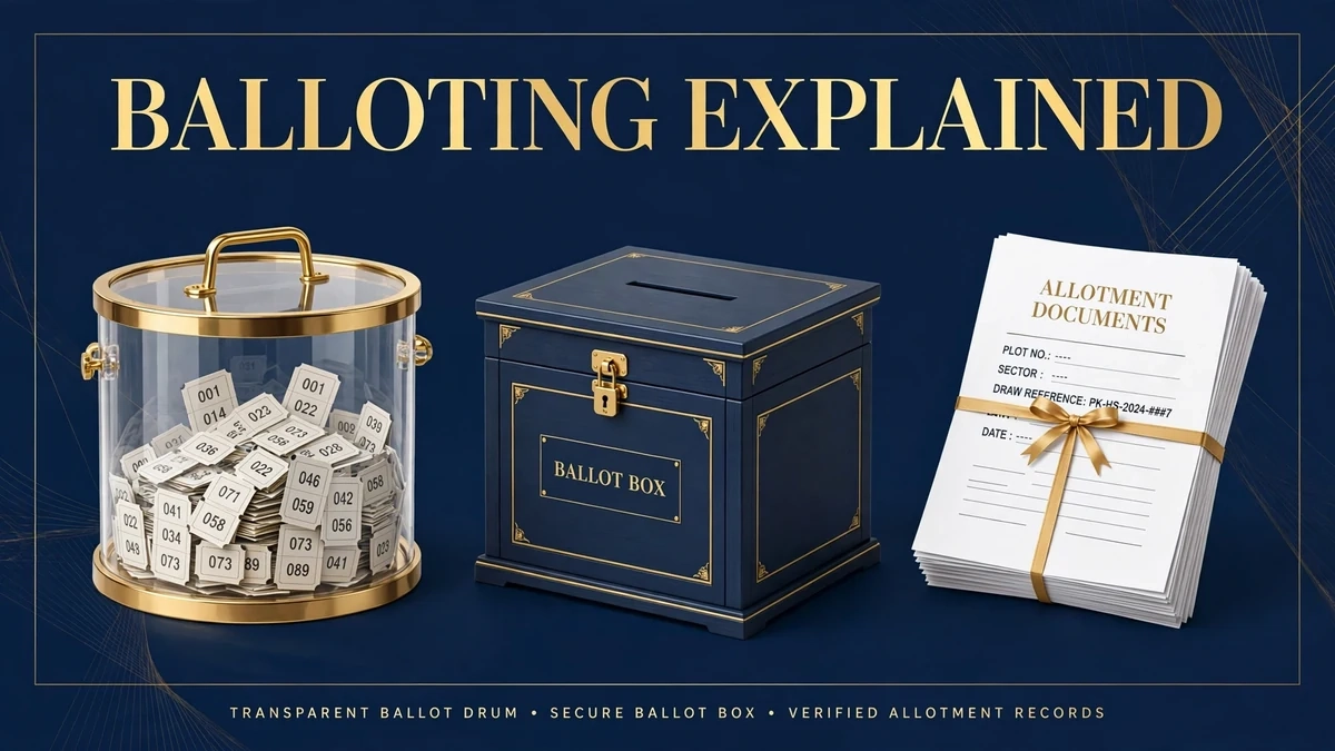 Balloting explained — editorial graphic with ballot drum, ballot box and allotment documents, Saeed Property Advisors