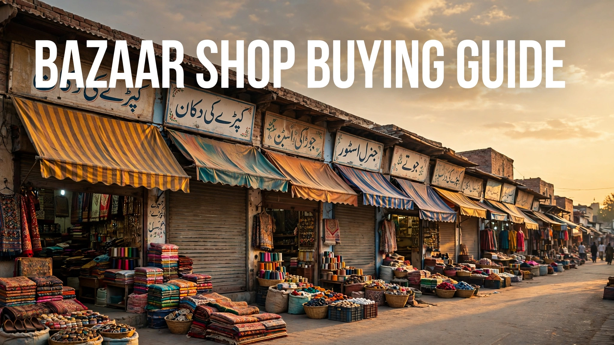 Golden-hour editorial view of a traditional Pakistani bazaar shopfront row with the headline 'BAZAAR SHOP BUYING GUIDE'