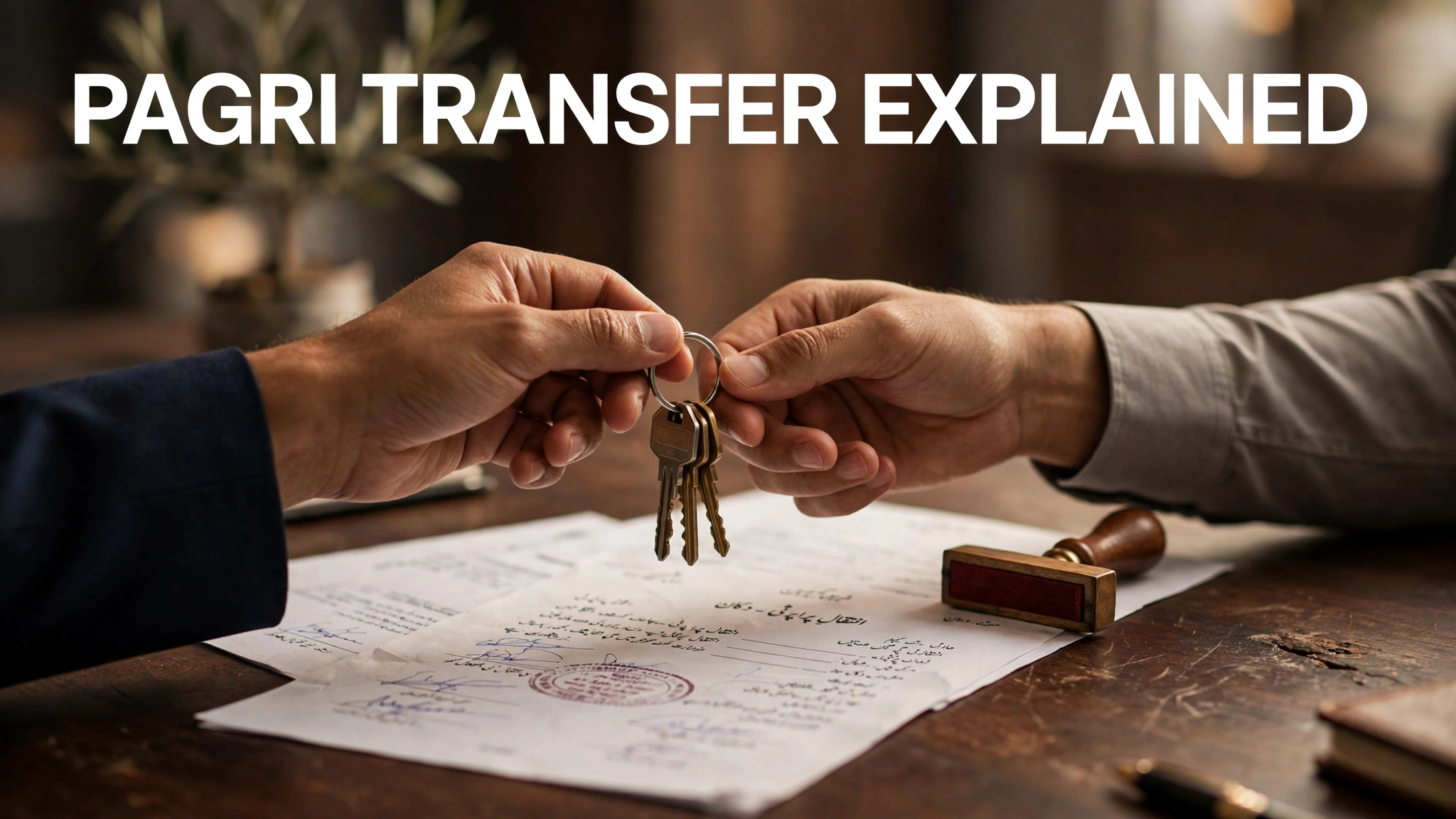 Hands exchanging shop keys above signed Urdu transfer documents on a desk, with the headline 'PAGRI TRANSFER EXPLAINED'