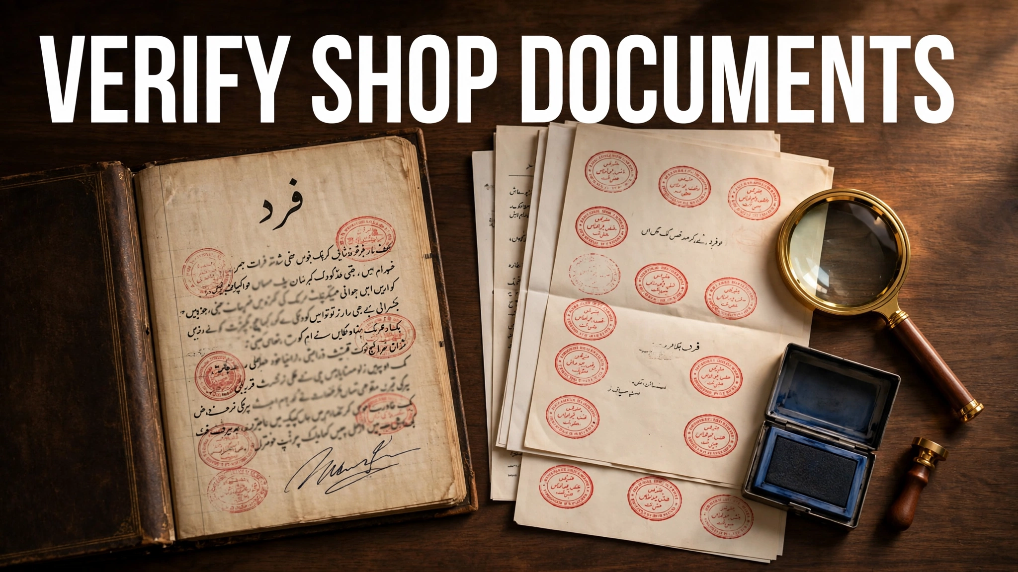 Close-up of a stamped Urdu property registry ledger with official seals, magnifier and stamp pad on a desk, with the headline 'VERIFY SHOP DOCUMENTS'