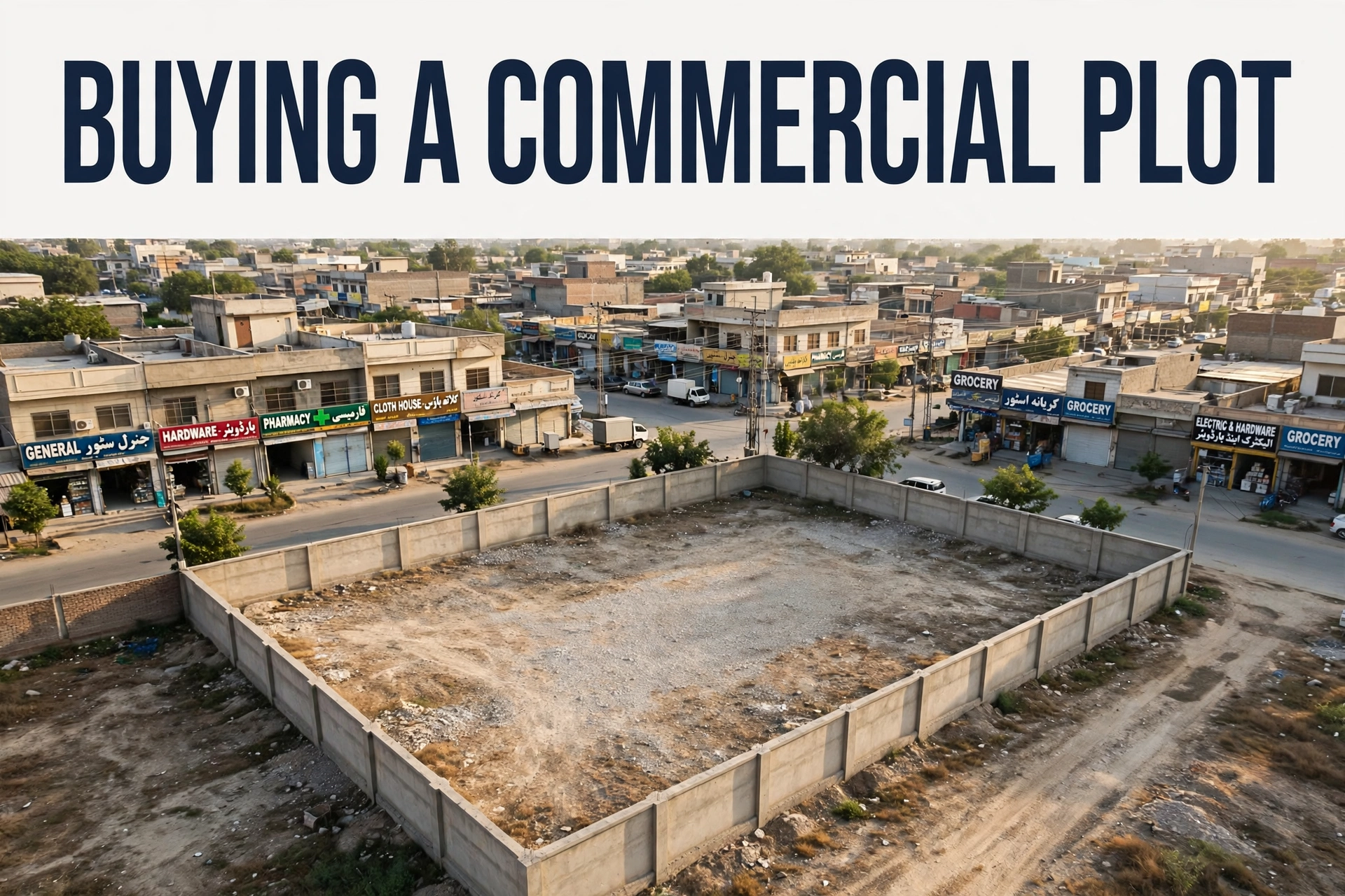 Aerial view of a walled vacant commercial plot near a busy Pakistani market road