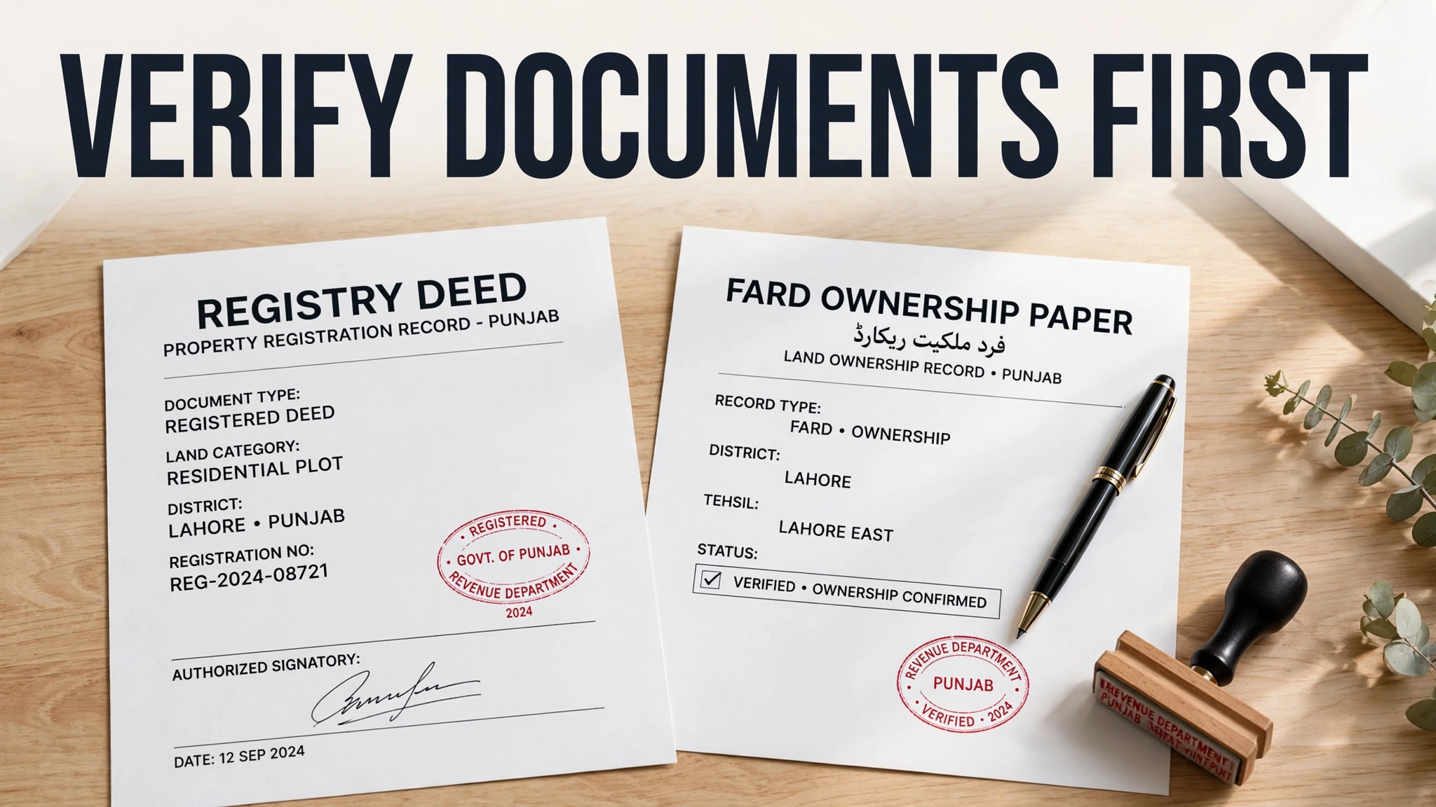 Sample Punjab registry deed and fard ownership documents on a desk with official stamps