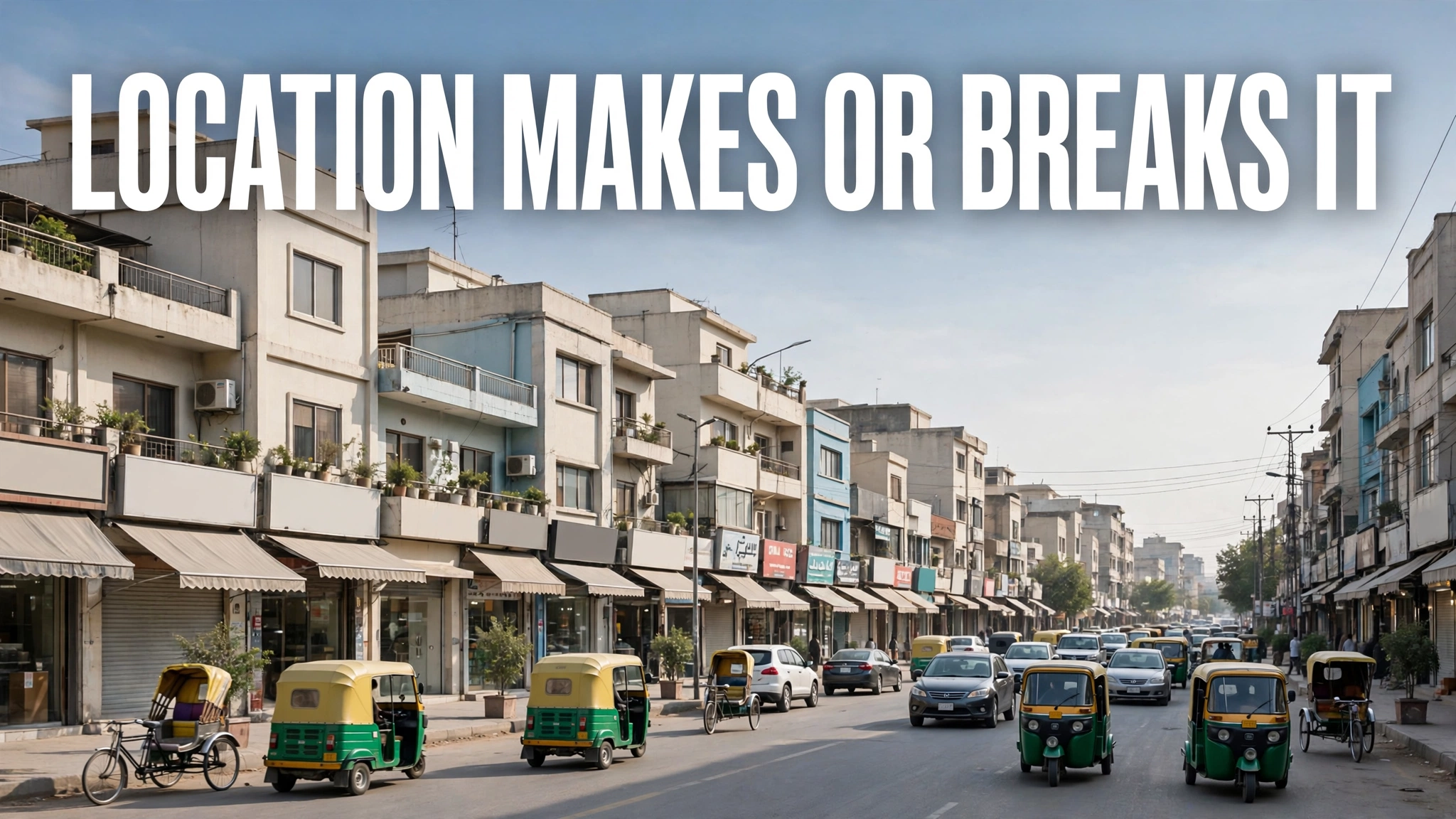 Busy commercial main road in a Pakistani city with shops, rickshaws, and traffic