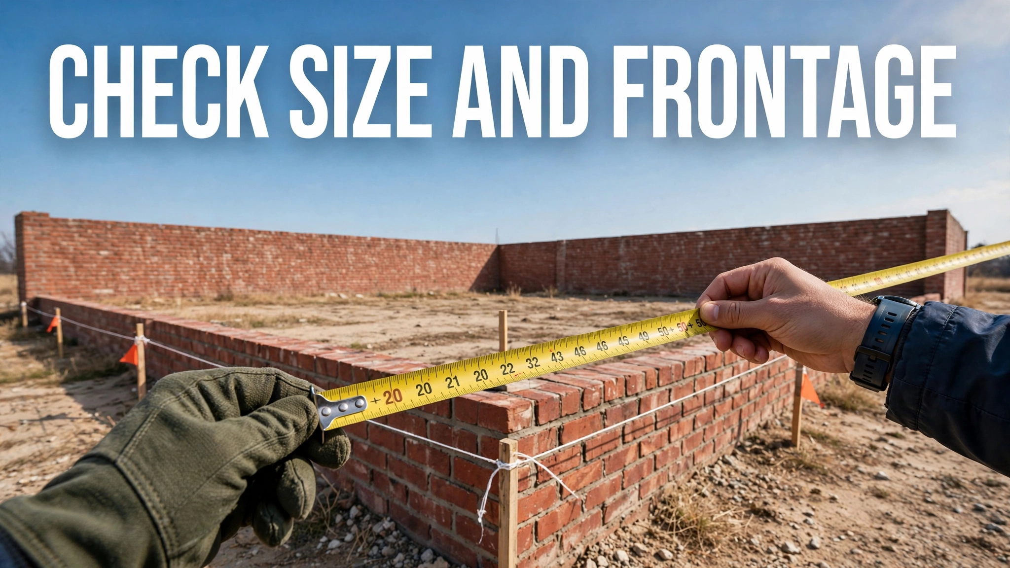 Hands measuring a vacant commercial plot corner with a yellow tape measure next to a brick boundary wall