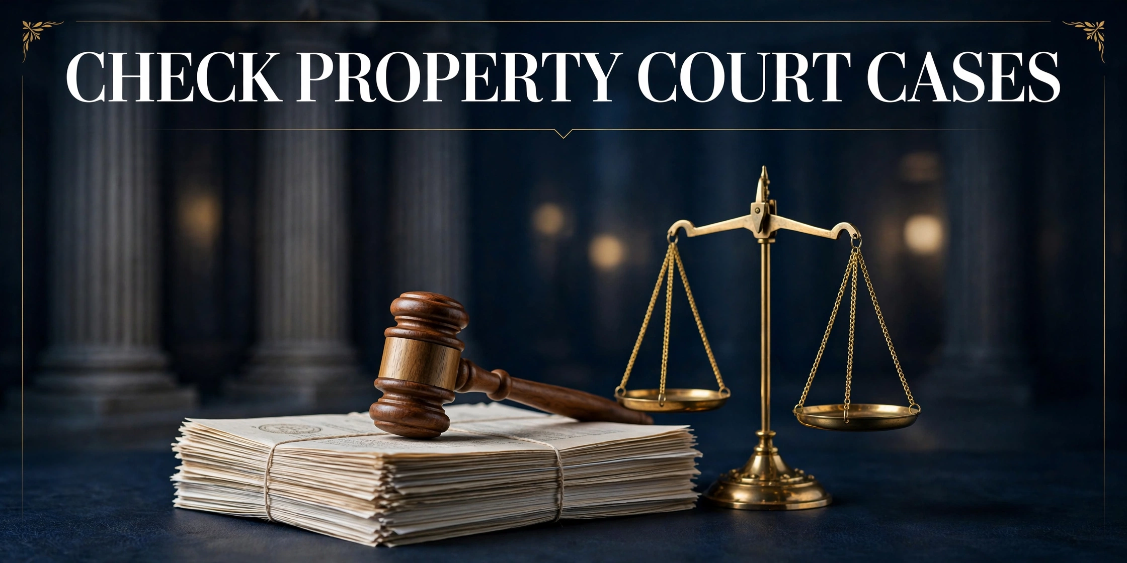 Check property court cases — gavel and scales of justice over legal documents