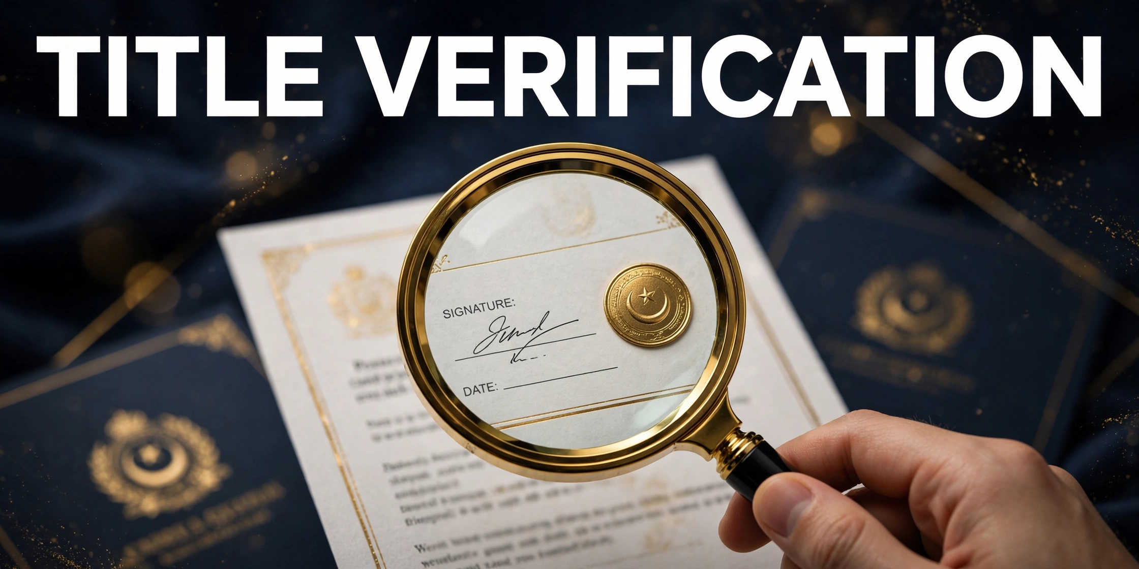 Magnifying glass over a signed property document — title verification before buying