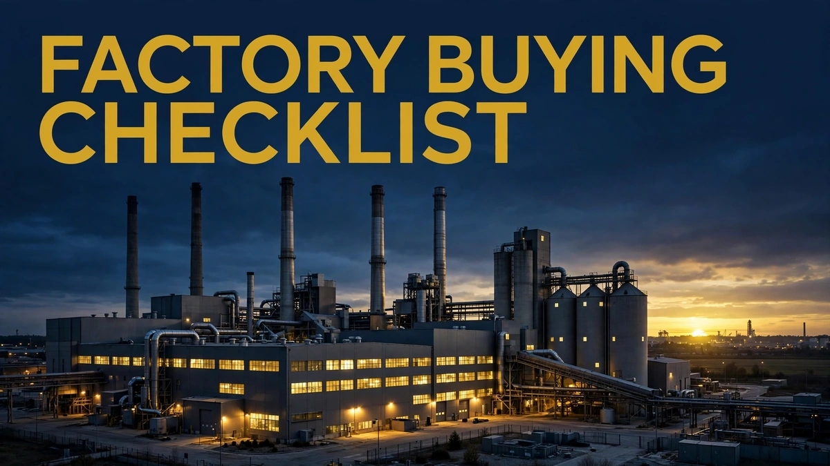 Modern industrial factory with chimneys and silos at dusk, gold-lit windows; headline text 'FACTORY BUYING CHECKLIST' in gold on navy.