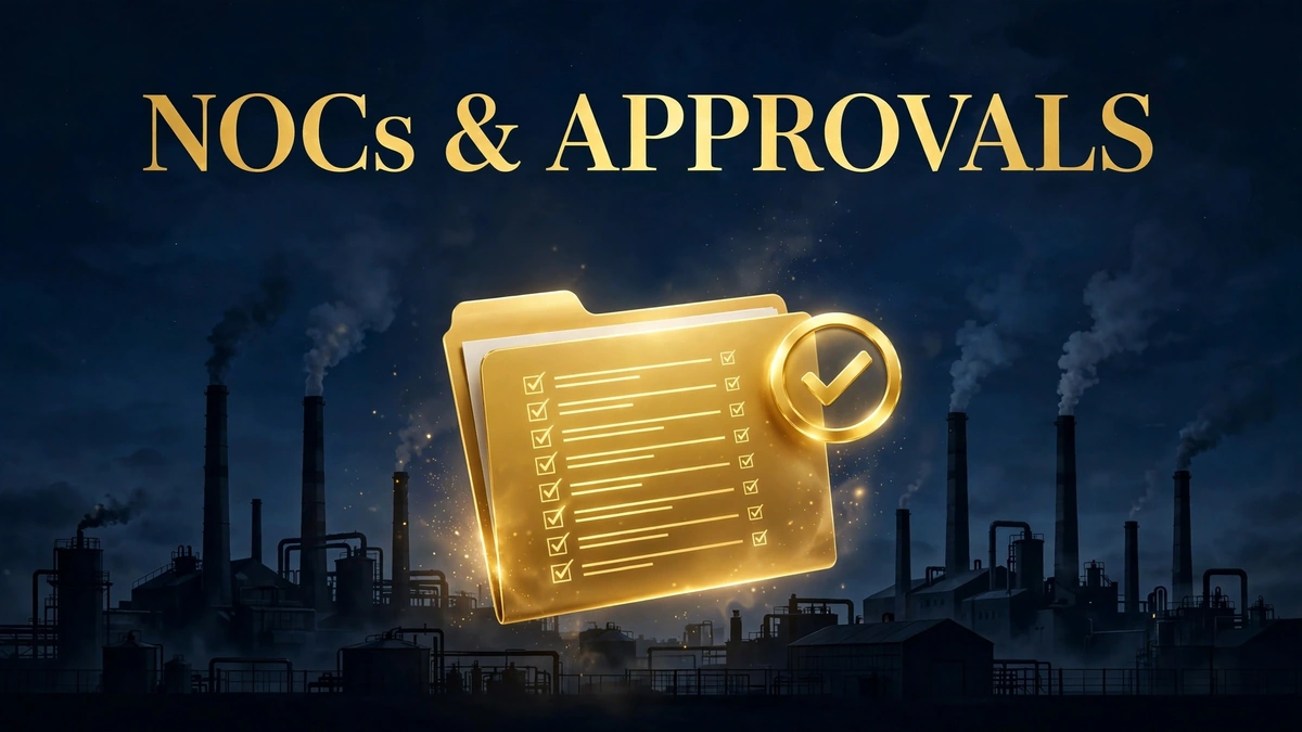 Gold approval folder with checklist and checkmark badge against a dark factory skyline at night; headline text 'NOCs & APPROVALS'.