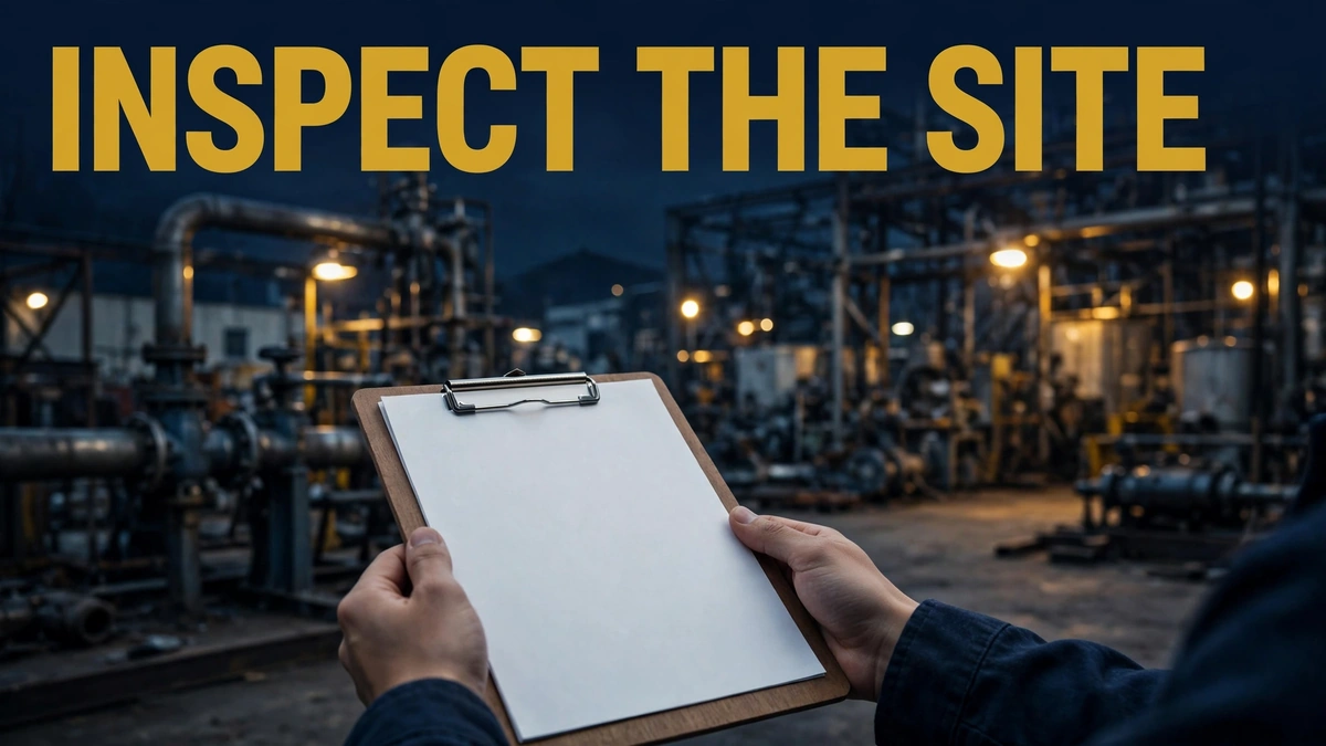 Hands holding a blank clipboard inspecting an industrial factory yard at night; headline text 'INSPECT THE SITE'.