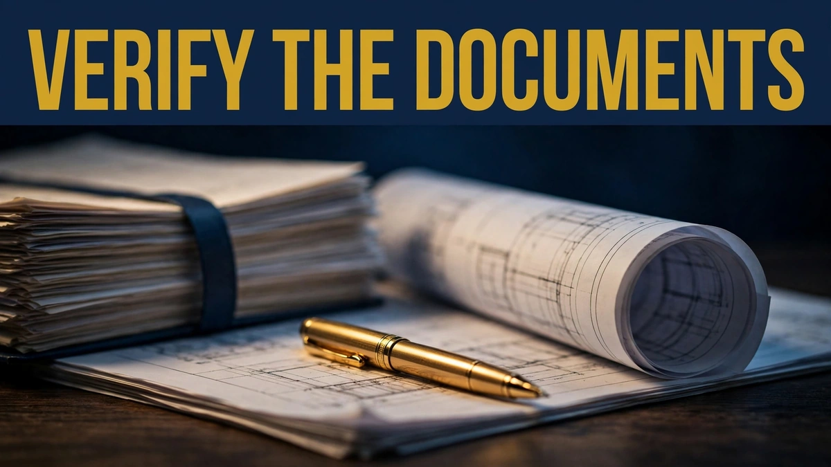 Stacked legal documents and rolled blueprints with a gold pen on a dark desk; headline text 'VERIFY THE DOCUMENTS'.