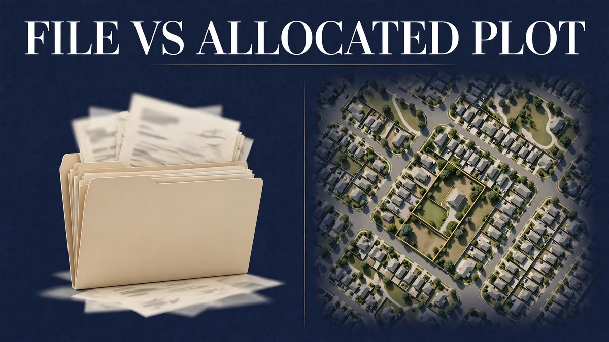Comparison of a plot file folder versus an aerial view of an allocated plot in a housing society