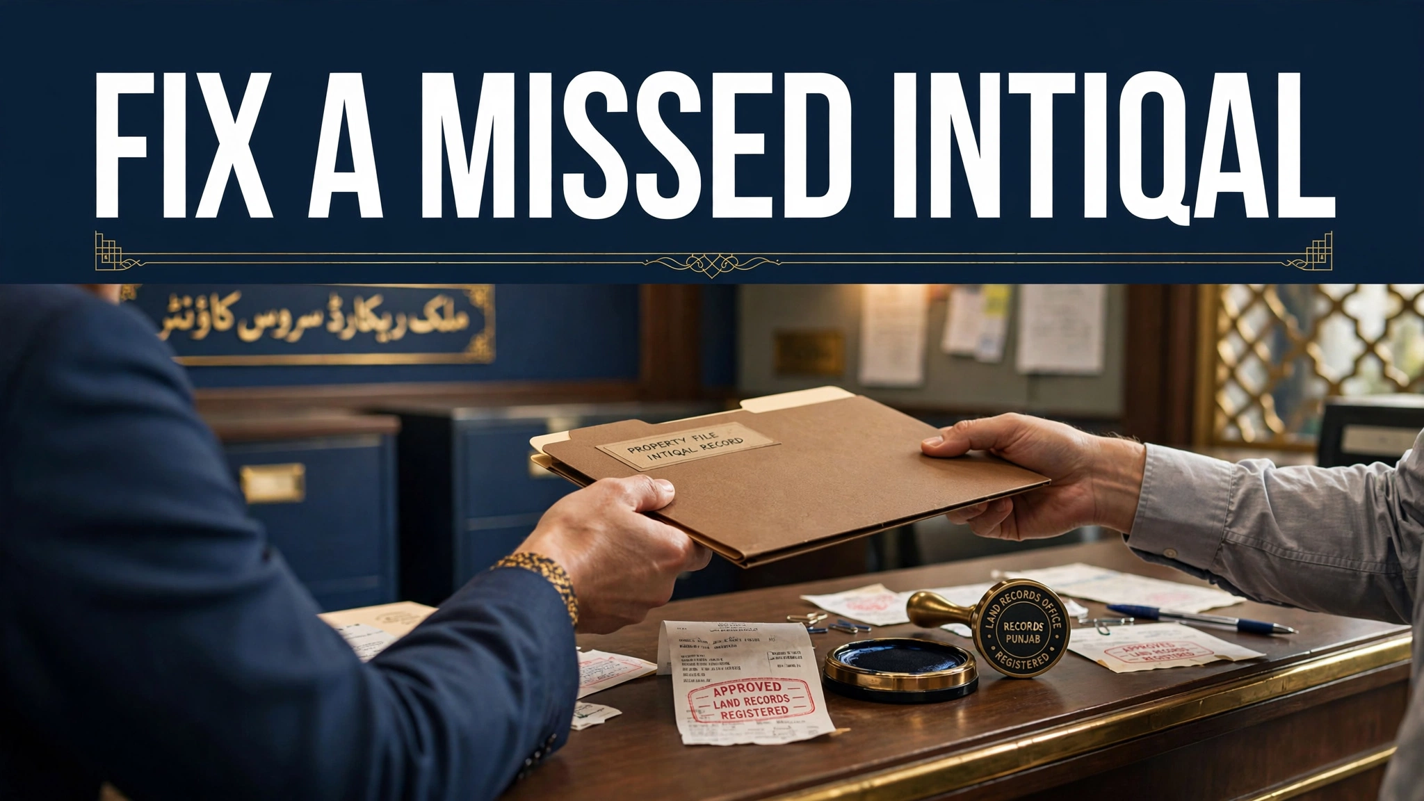 Hands submitting a property file at a land record service counter to fix a missed intiqal