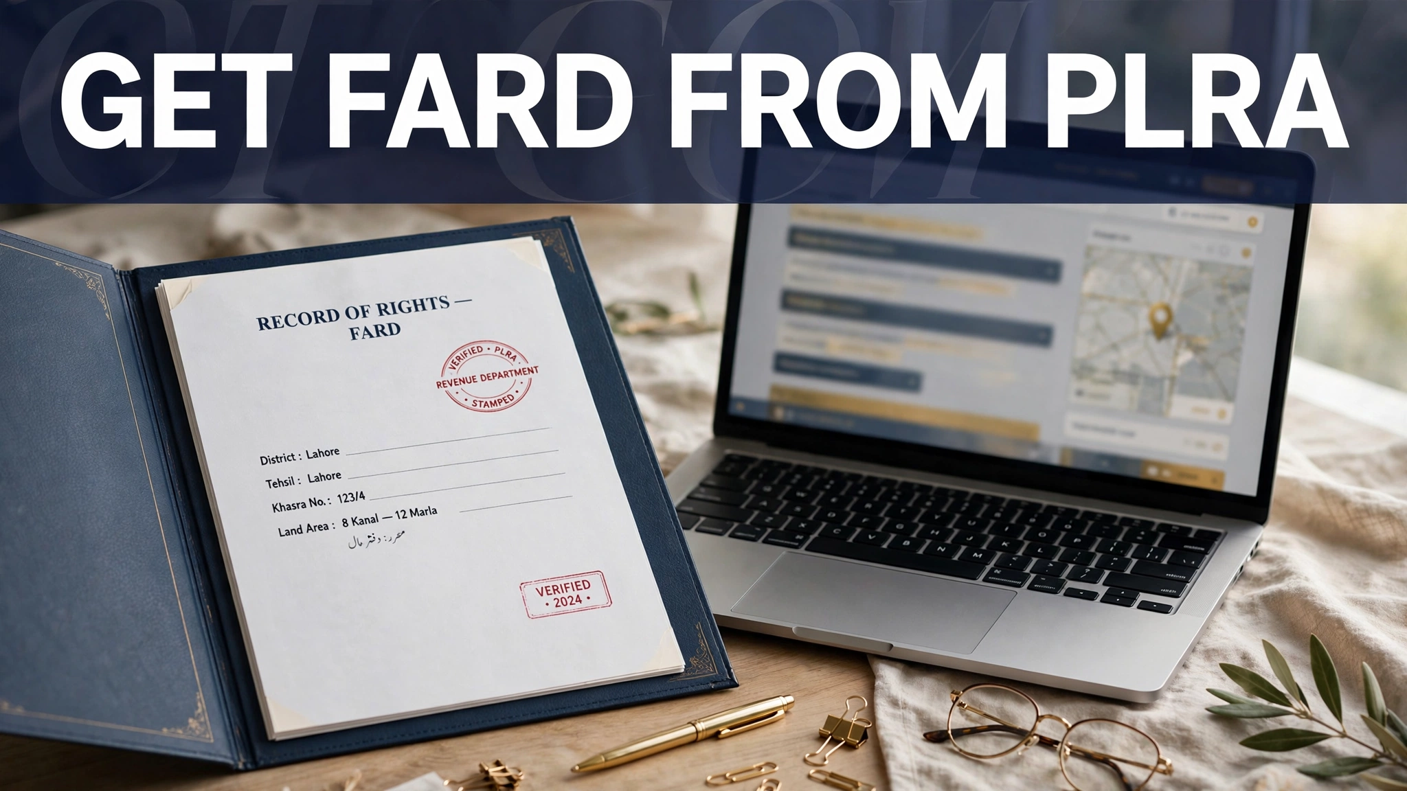 Land-record fard document + laptop with records portal, headline GET FARD FROM PLRA