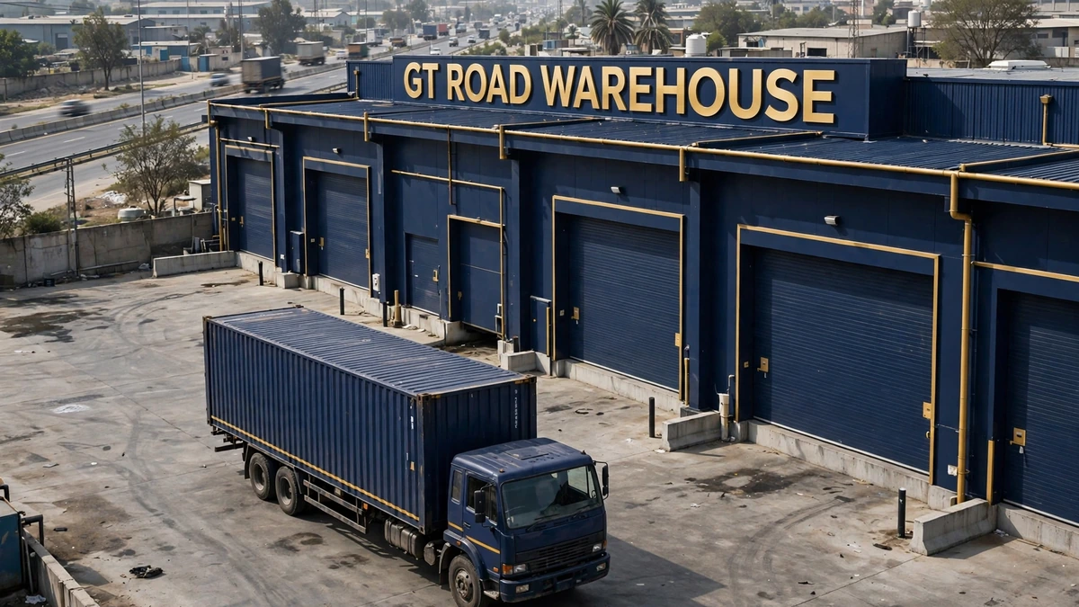 Warehouse fronting a busy highway with a truck in the loading yard — editorial illustration