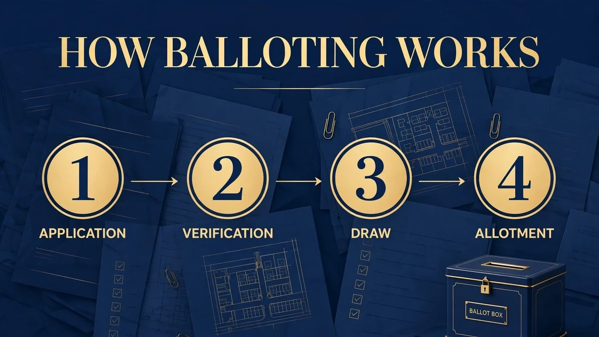 How balloting works — application, verification, draw and allotment steps graphic
