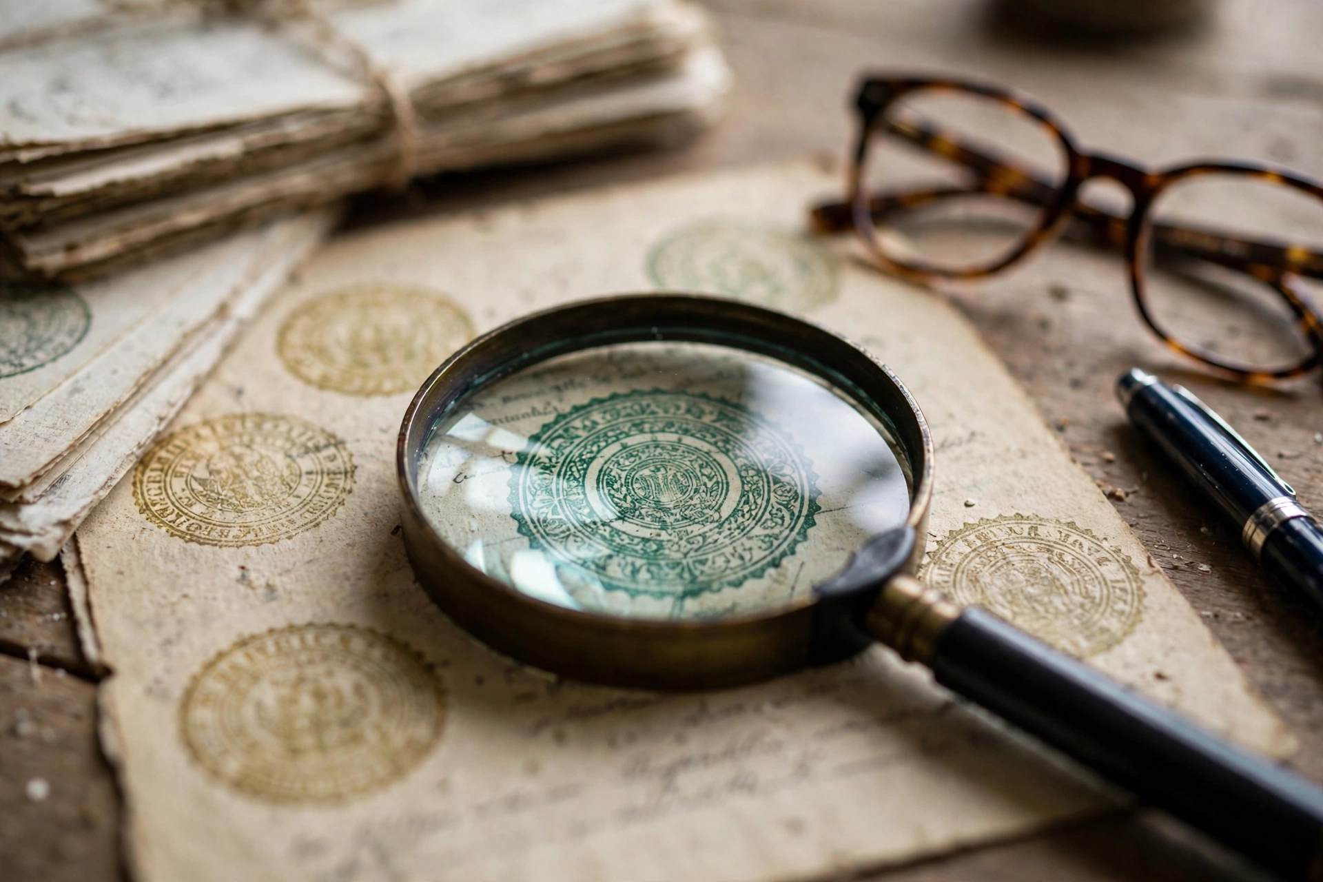 Examining a stamped PLRA fard document with a magnifying glass