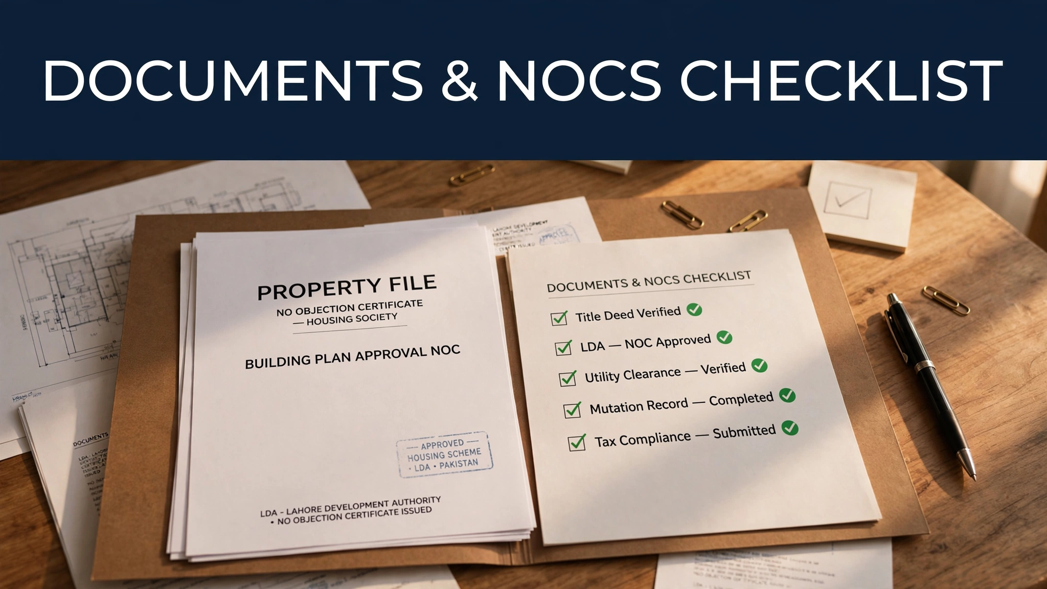 Illustration of property documents and a NOCs checklist for buying an industrial plot