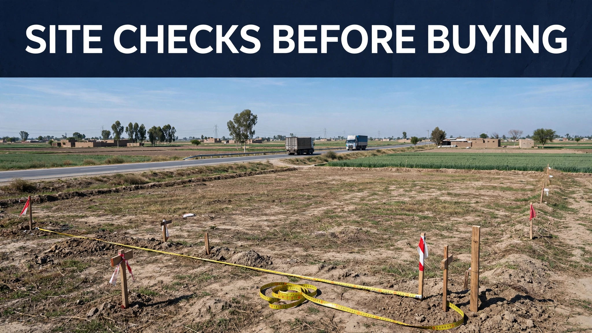 Illustration of survey pegs marking an open industrial plot near a highway