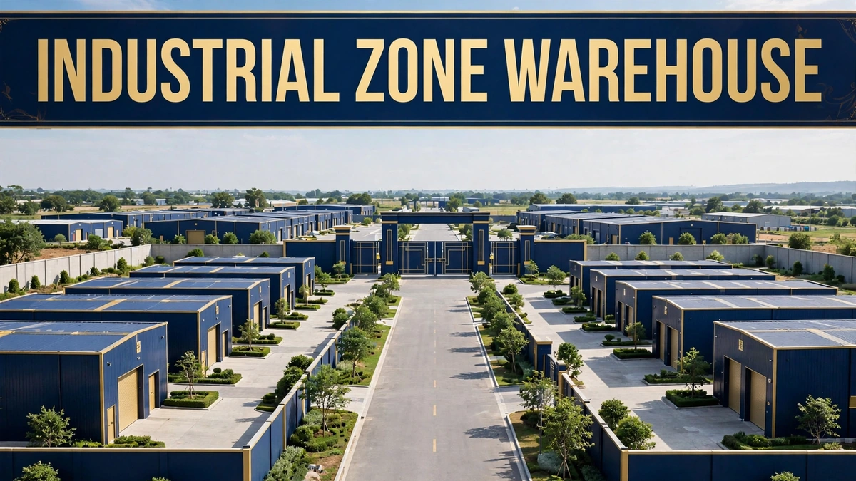 Warehouses inside a planned gated industrial estate with uniform sheds — editorial illustration