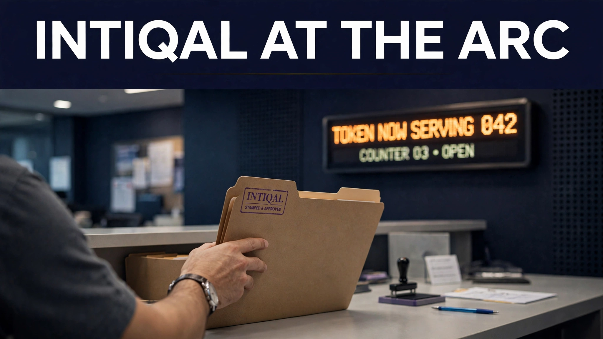 Editorial illustration of an Arazi Record Centre service counter with a stamped file folder and token queue display
