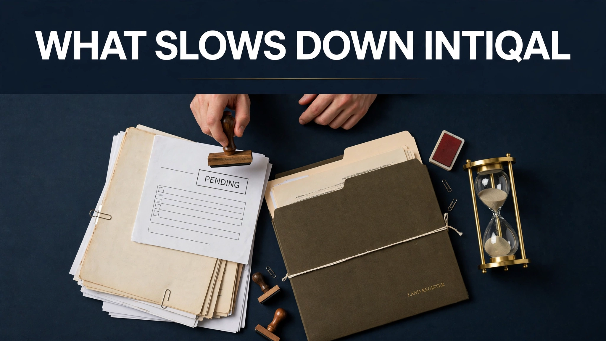 Editorial illustration of property documents marked pending with a stamp and hourglass, representing intiqal delays