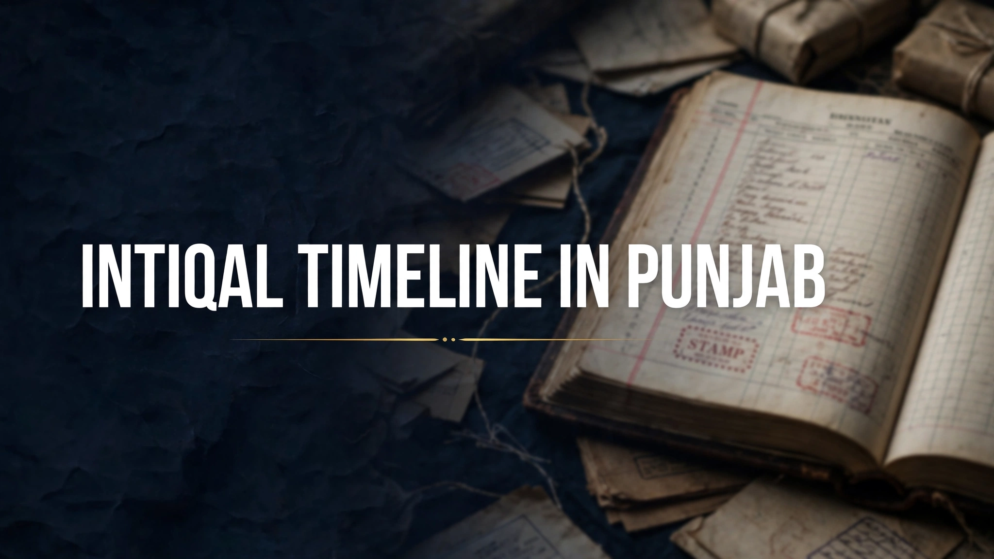 Editorial banner for an explainer on the intiqal mutation timeline in Punjab, with a land-revenue register motif