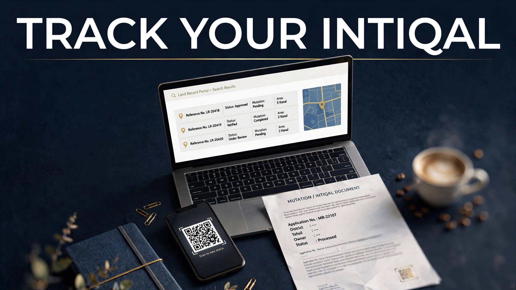 Editorial illustration of a laptop showing a land-record portal and a phone with a QR code for tracking intiqal status