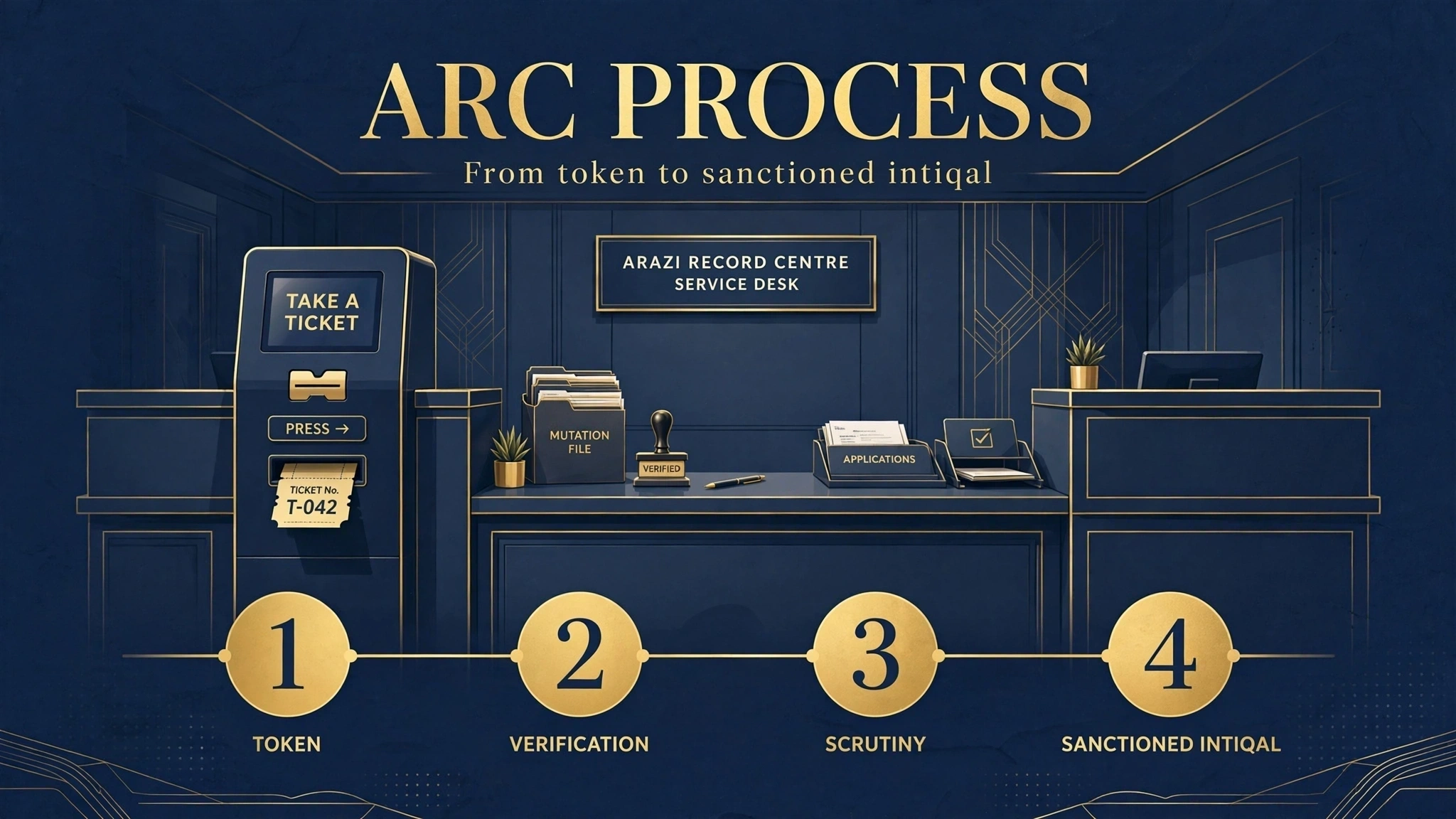 Arazi Record Centre process steps: token, verification, scrutiny, sanctioned intiqal