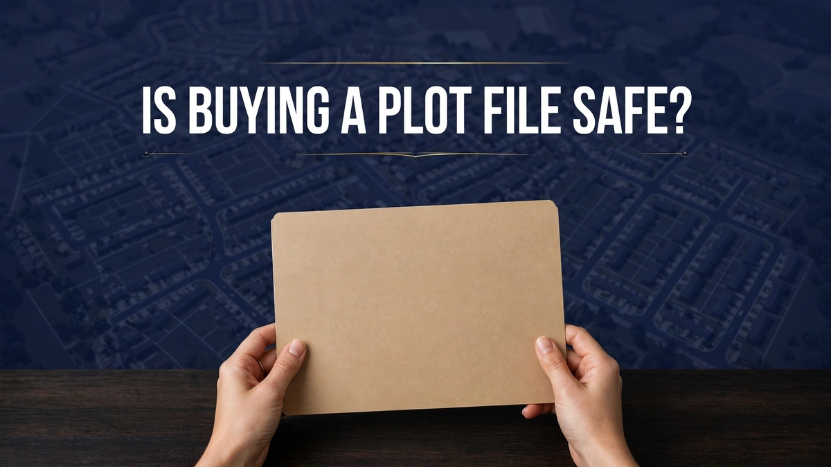 Hands holding a property file folder over a housing-society map — is buying a plot file safe in Pakistan?