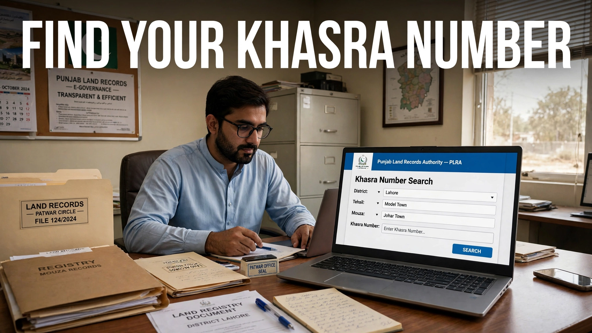 Illustration of a person searching for a khasra number on the Punjab Land Records Authority online portal