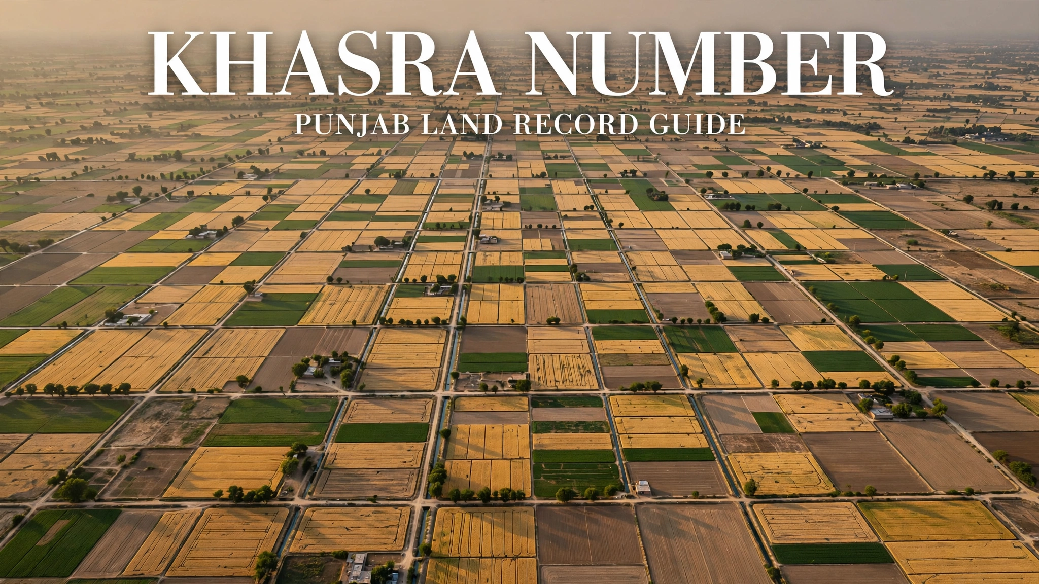 Aerial view of Punjab agricultural land divided into khasra field parcels at sunset