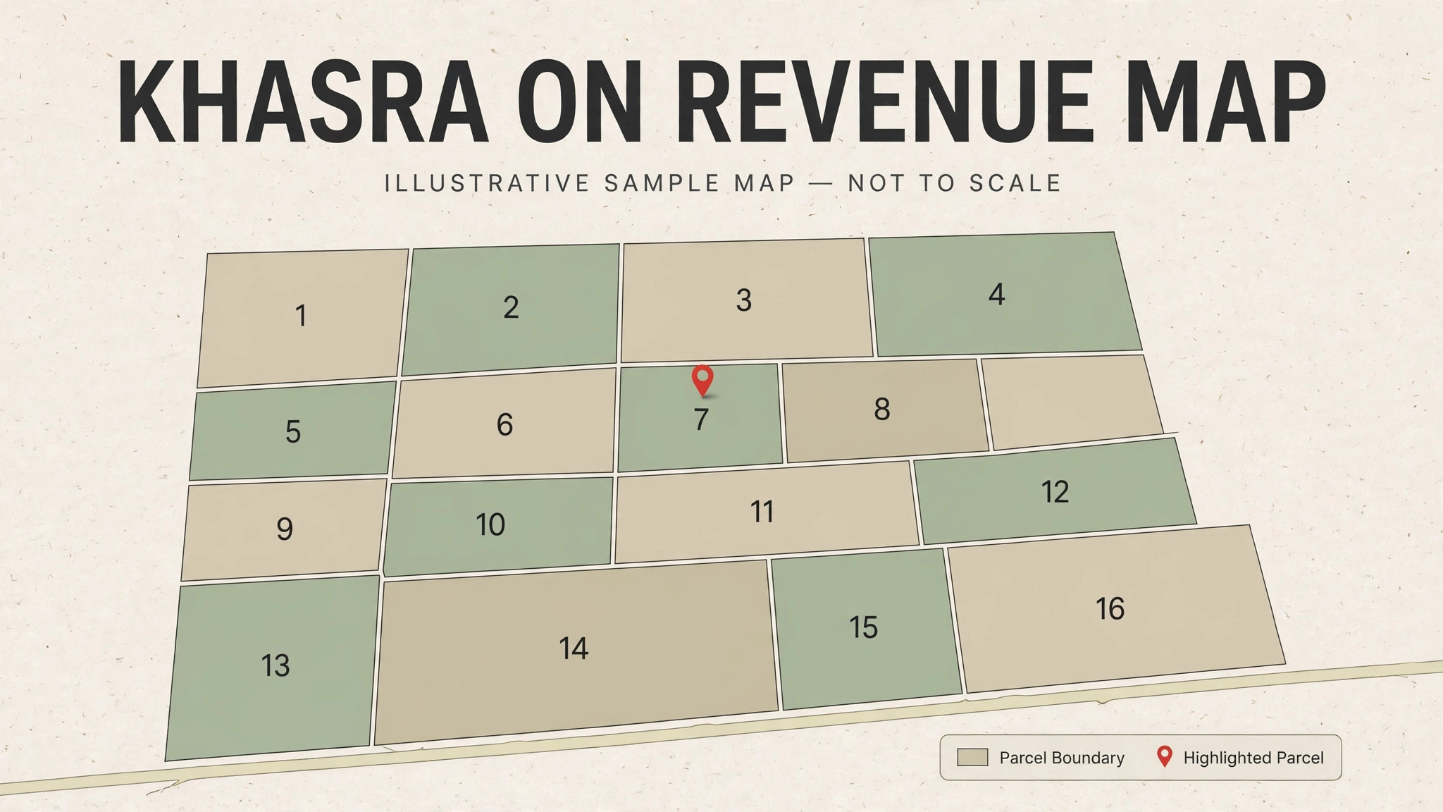 Illustrative village revenue map with numbered khasra parcels and one highlighted parcel