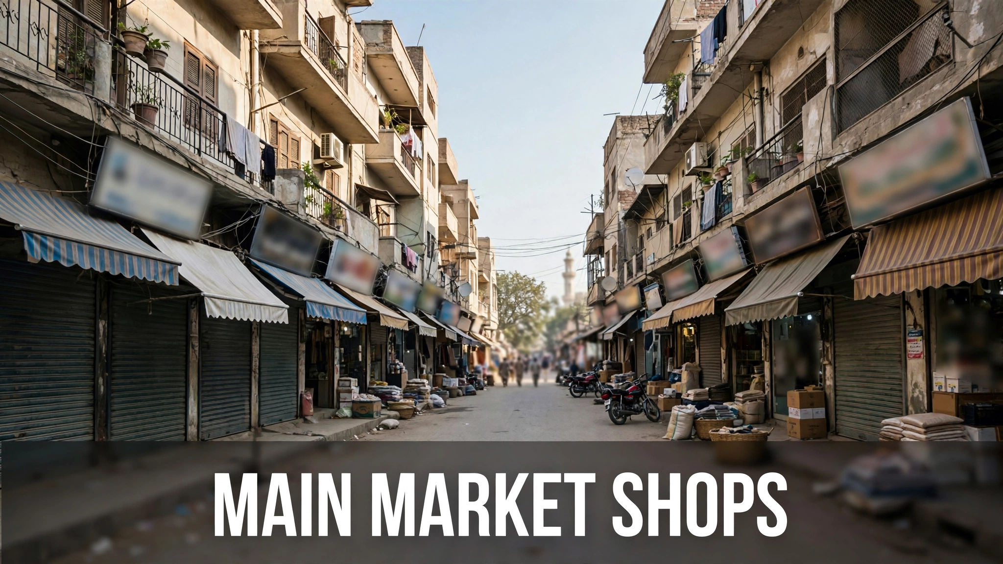 Traditional main market street with open shopfronts and traders in a Pakistani city