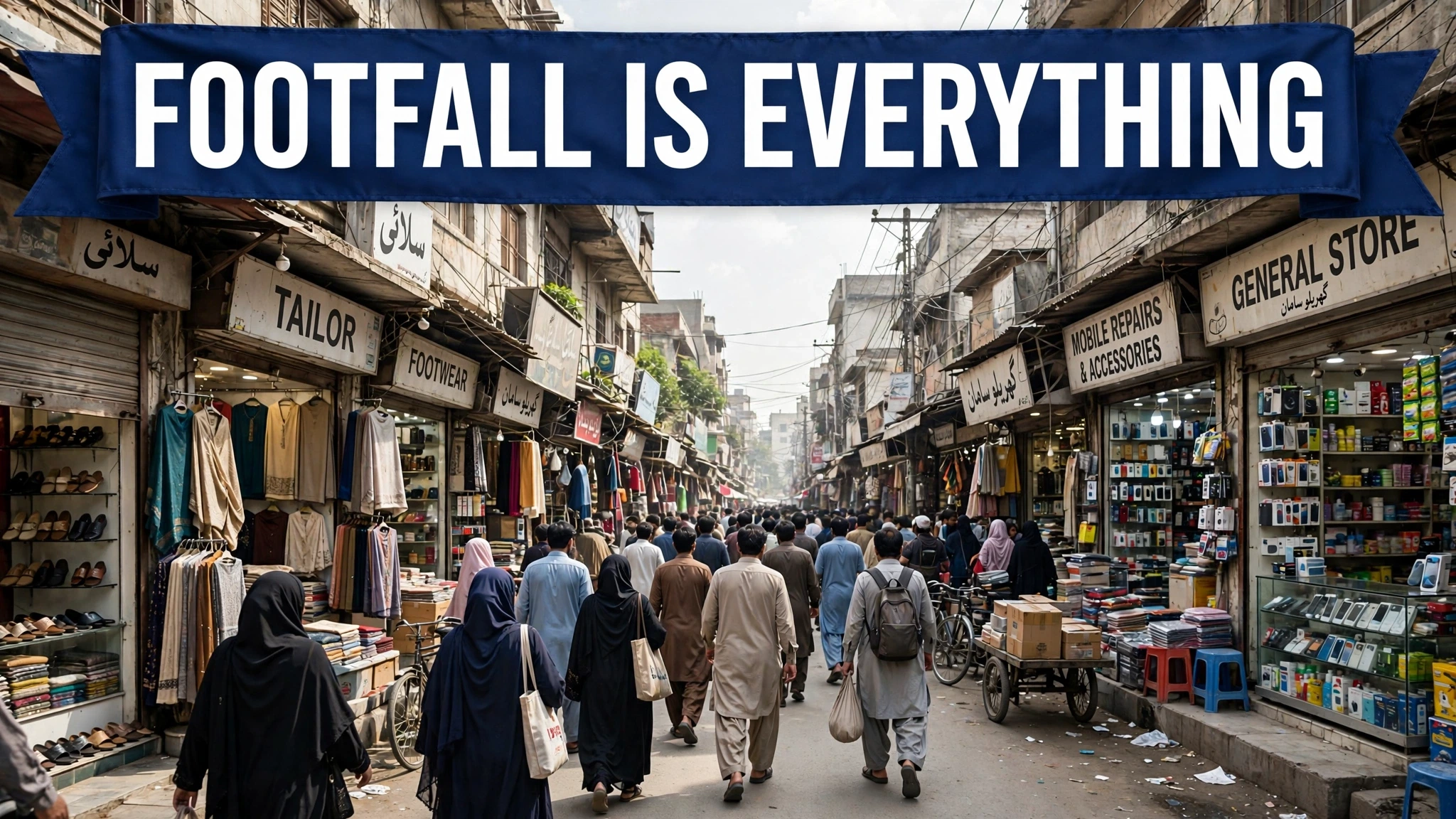 Busy main-road shopfronts with heavy customer footfall