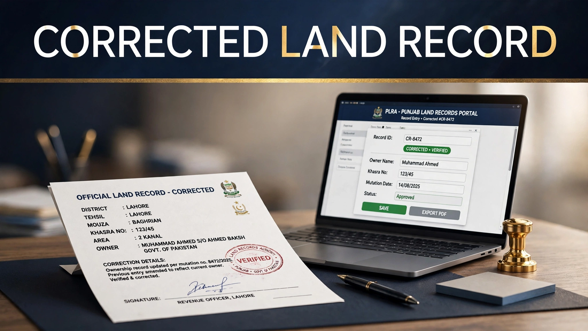 A corrected Punjab land record showing verified status