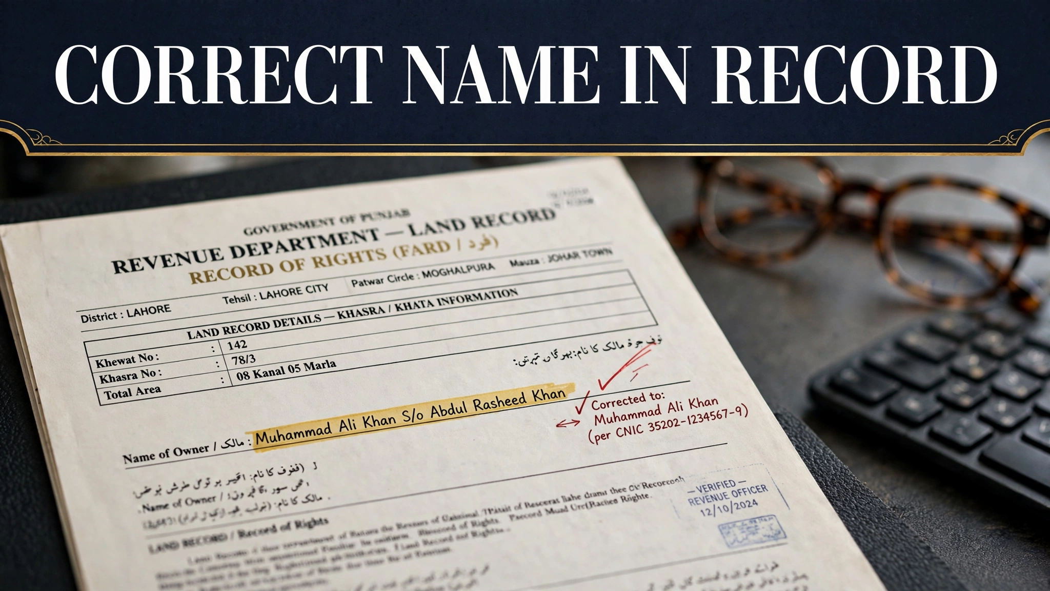 A name entry on a Punjab land record being corrected through fard badar