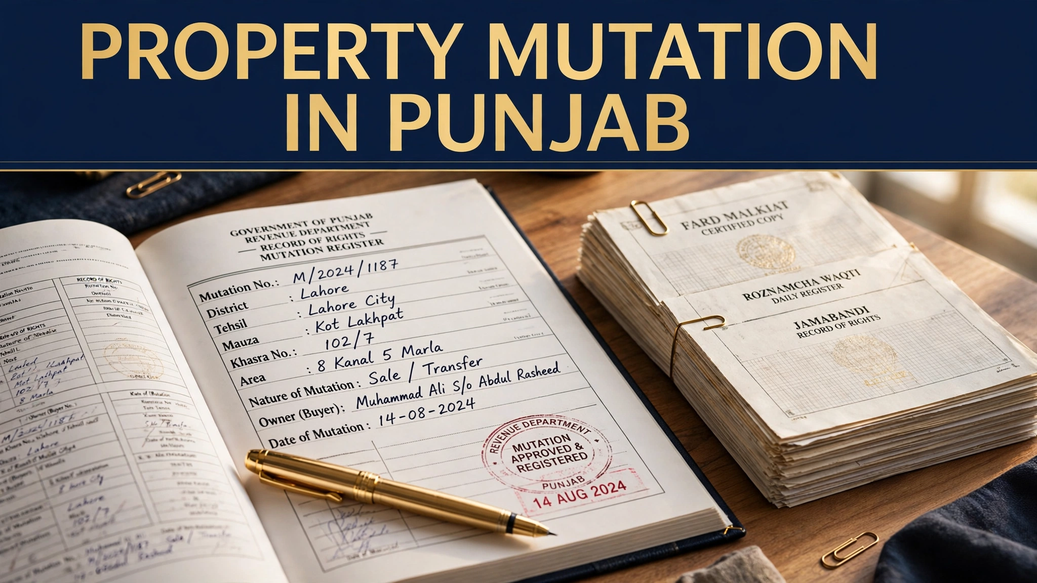 Mutation register and stamped land documents for a property mutation in Punjab