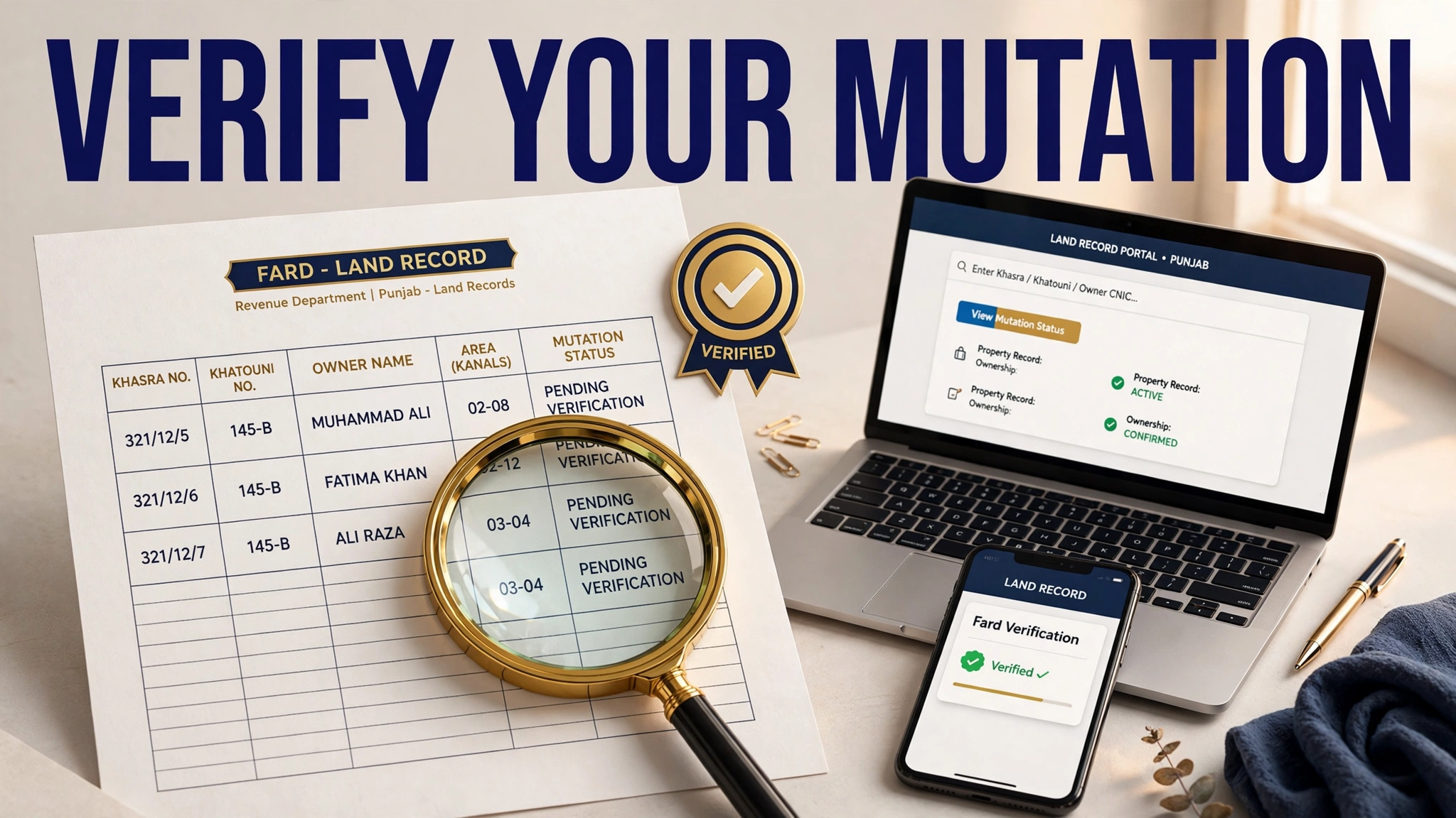Magnifying glass over a fard land record and portal screen showing mutation verification