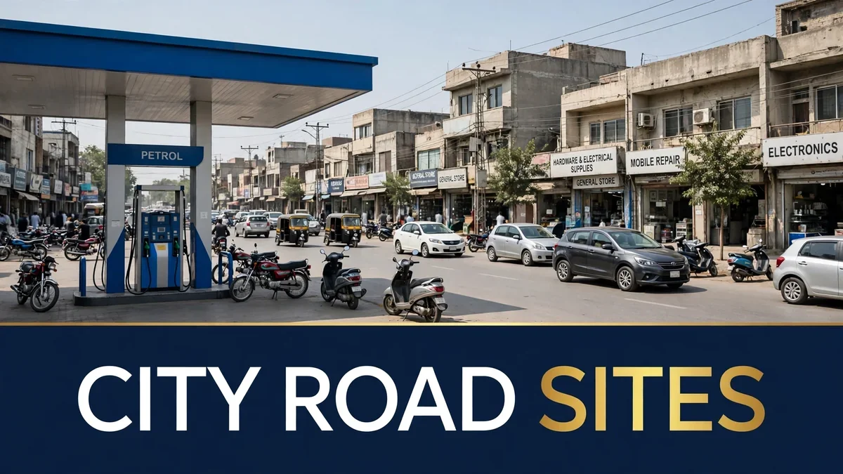 City-road petrol pump with local traffic and shops nearby in Sheikhupura