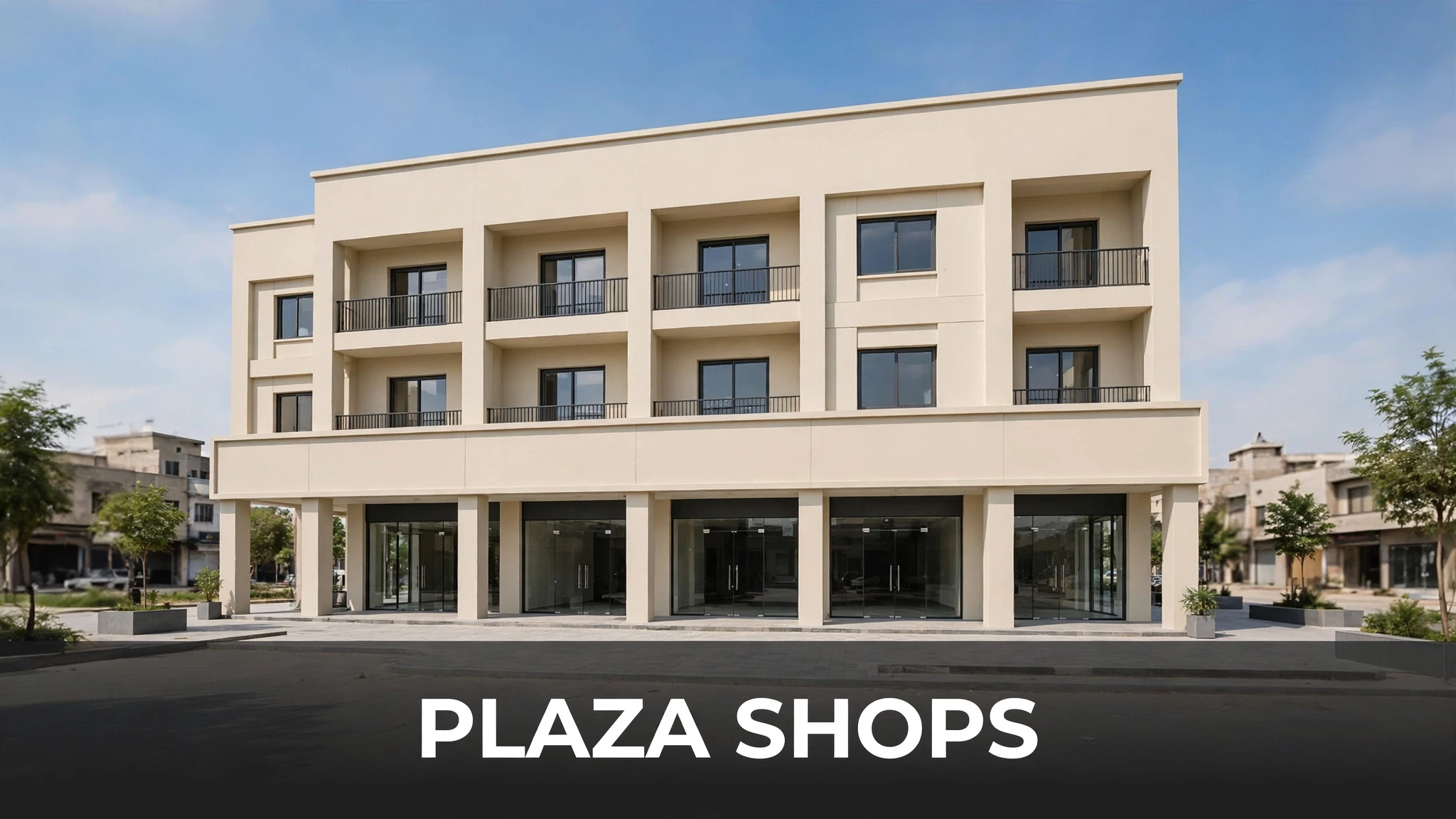 Row of modern plaza shops with glass shopfronts in a Pakistani commercial building