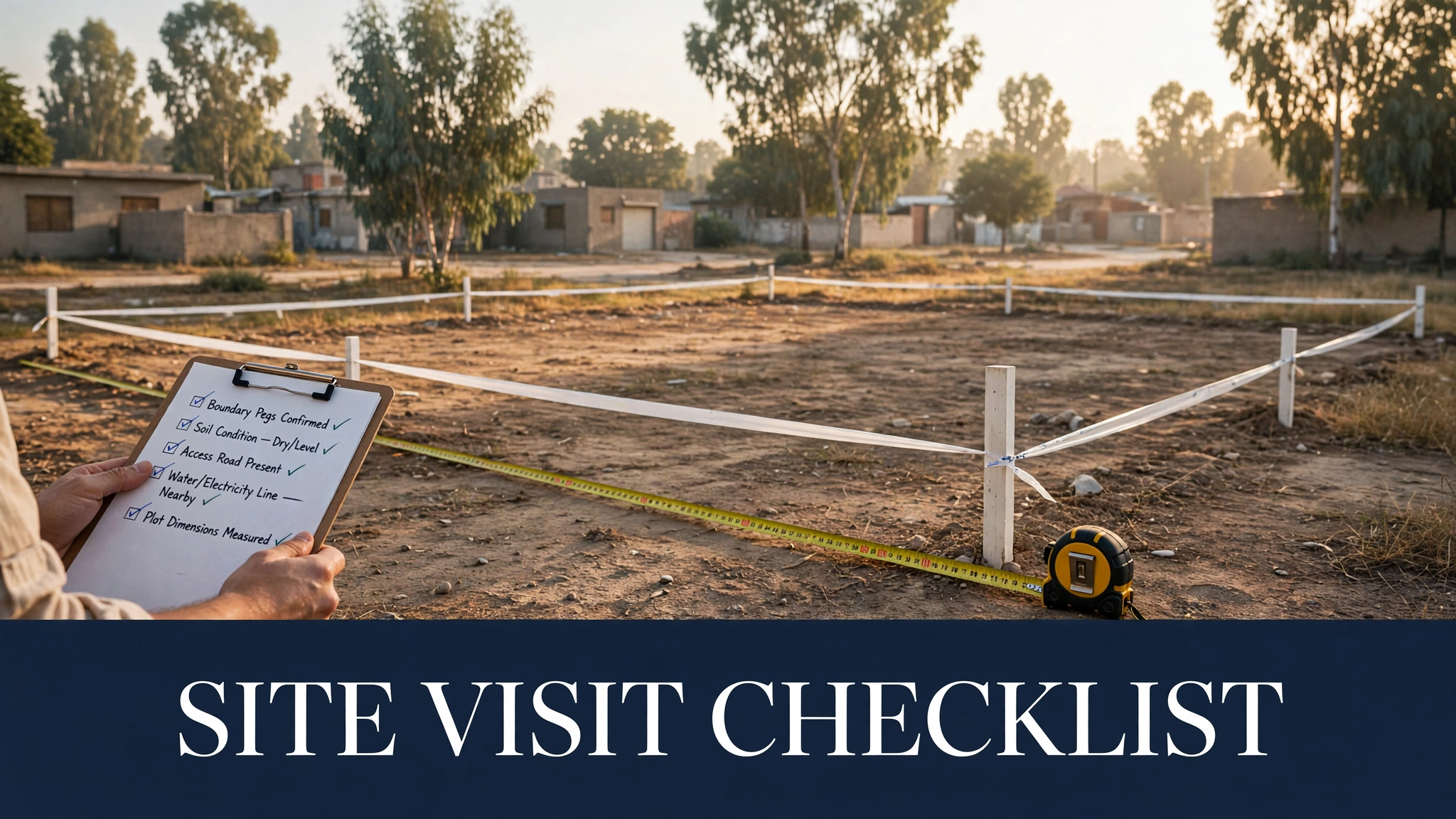 Buyer visiting a residential plot site to verify boundaries and surroundings