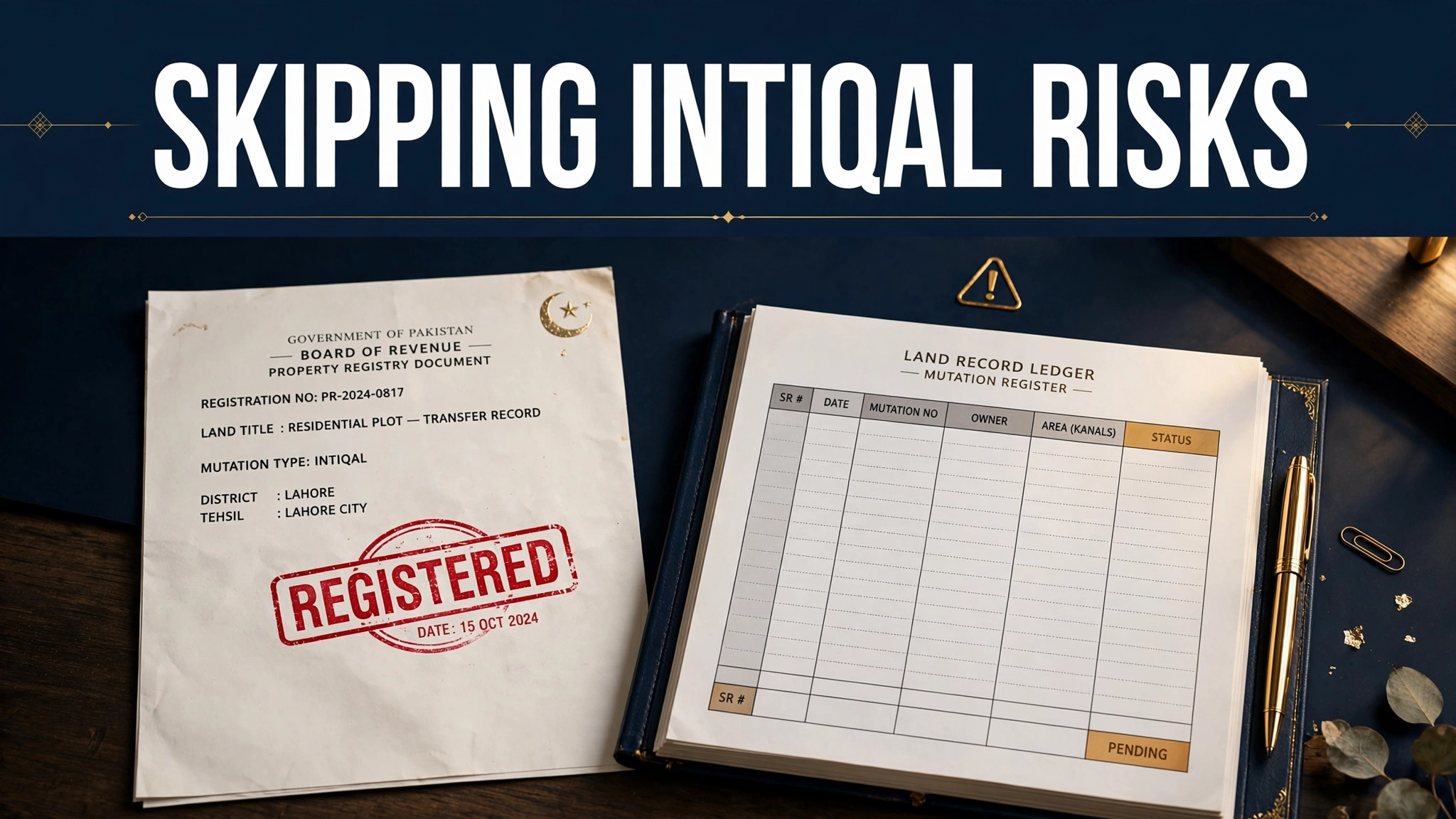 Editorial illustration of the risks of skipping intiqal after property registry in Punjab