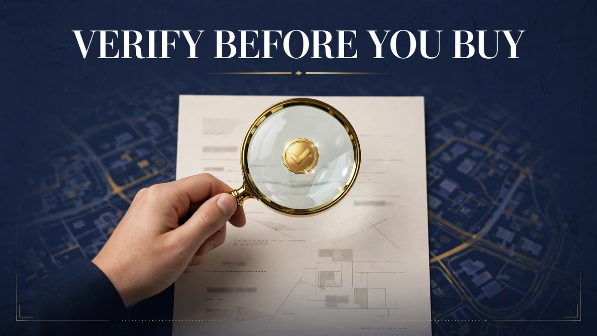 Magnifying glass with a gold checkmark over a plot file document — verify a plot file before buying
