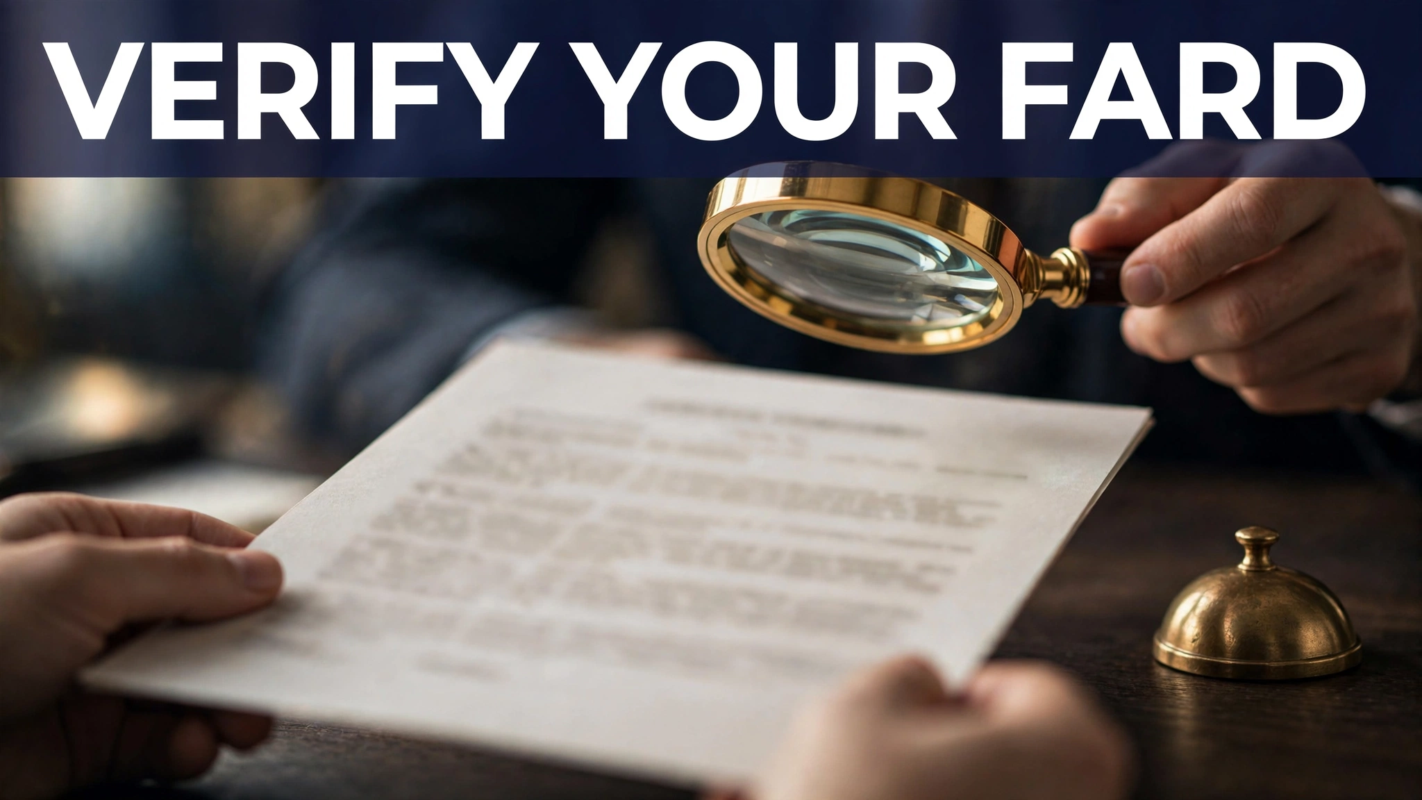Hands checking a printed Fard document with a magnifying glass to verify property ownership details