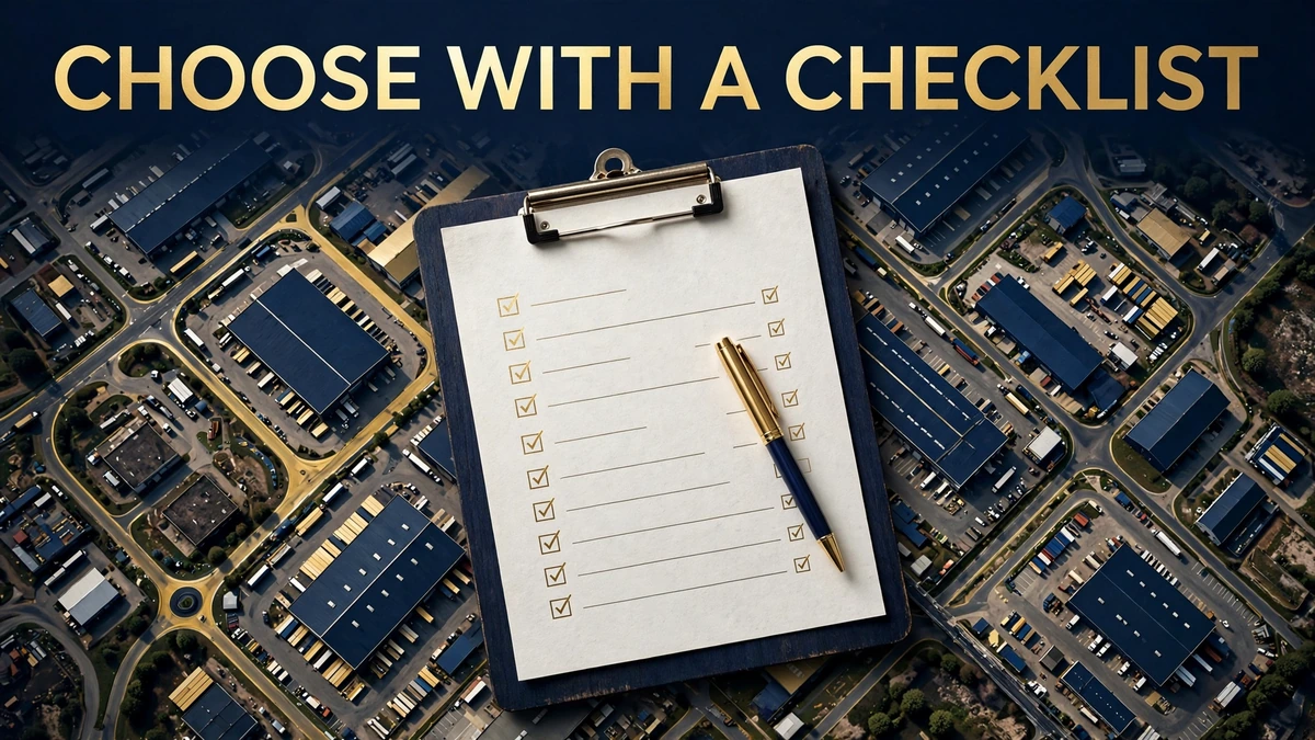 Site-selection checklist clipboard over an aerial view of a warehouse district — editorial illustration
