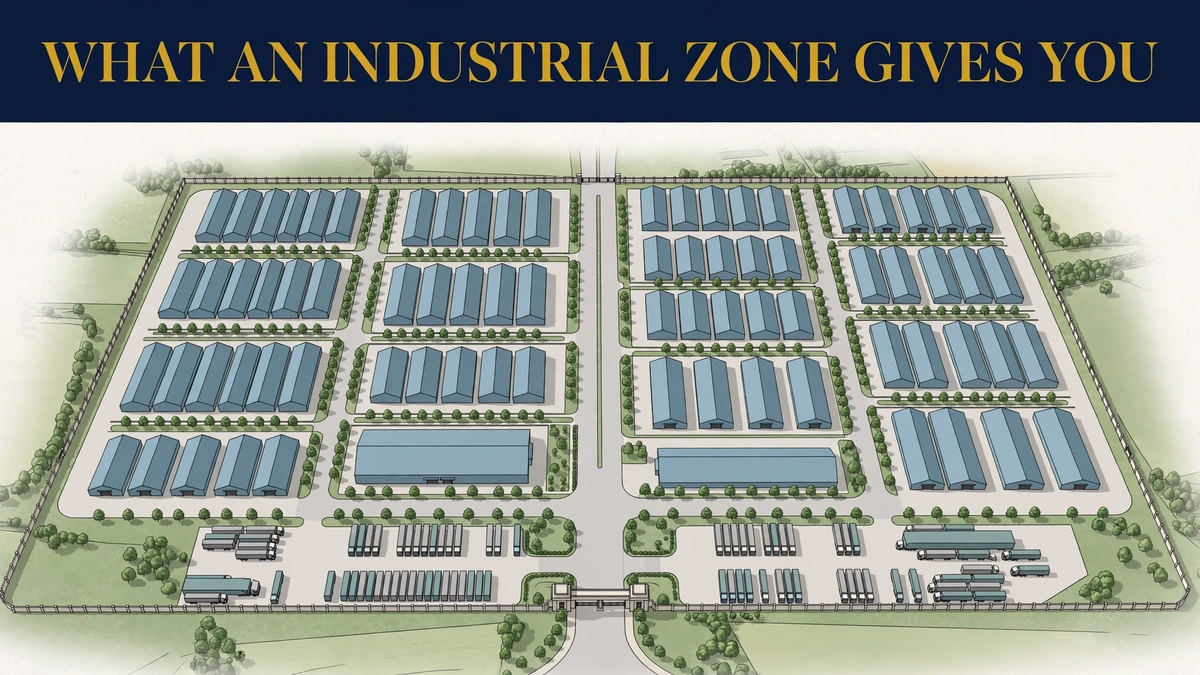 Planned industrial estate with uniform factory sheds and internal roads